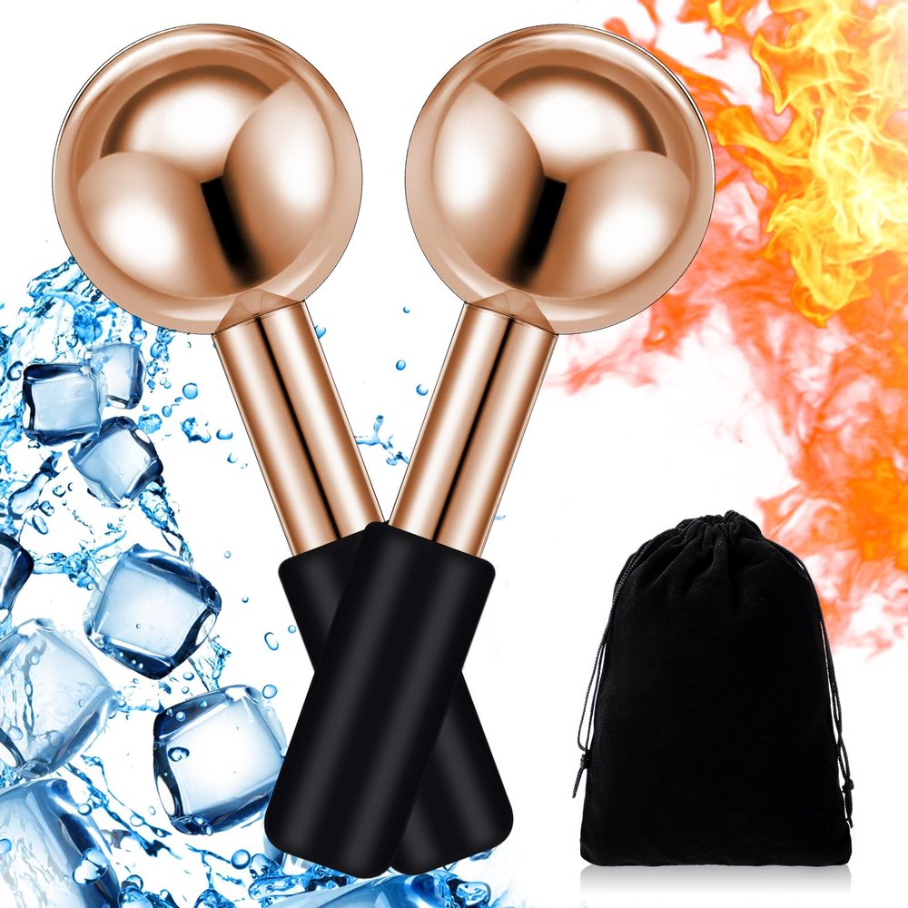 Baderke 2 Pcs Ice Globes for Face Stainless Steel Cooling Globes Unbreakable Cooling Roller Women Ice Balls Cryo Sticks Facials Skin Care for Dark Circles, Puffiness(Rose Gold (Black Handle))