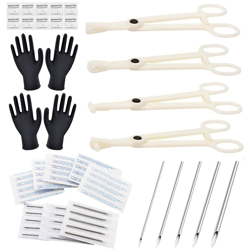 Piercing Kit - 43Pcs Autdor Professional Piercing Kit Includes 25Pcs Mixed 12G 14G 16G 18G 20G Ear Nose Piercing 4Pcs Disposable Piercing Clamps Forceps 10Pcs Clean Tools 4Pcs Gloves for Piercing Supplies