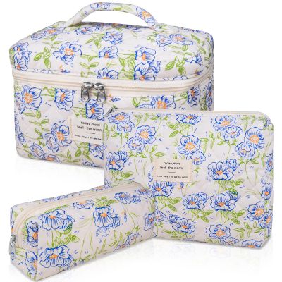 3PC Makeup Bag Set, Quilted Makeup Bag, Large Floral Cosmetic Bag for Women, Cute Cotton Makeup Bags, Flower Travel Toiletry Organizer Bag (light blue)