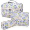 3PC Makeup Bag Set, Quilted Makeup Bag, Large Floral Cosmetic Bag for Women, Cute Cotton Makeup Bags, Flower Travel Toiletry Organizer Bag (light blue) view 1