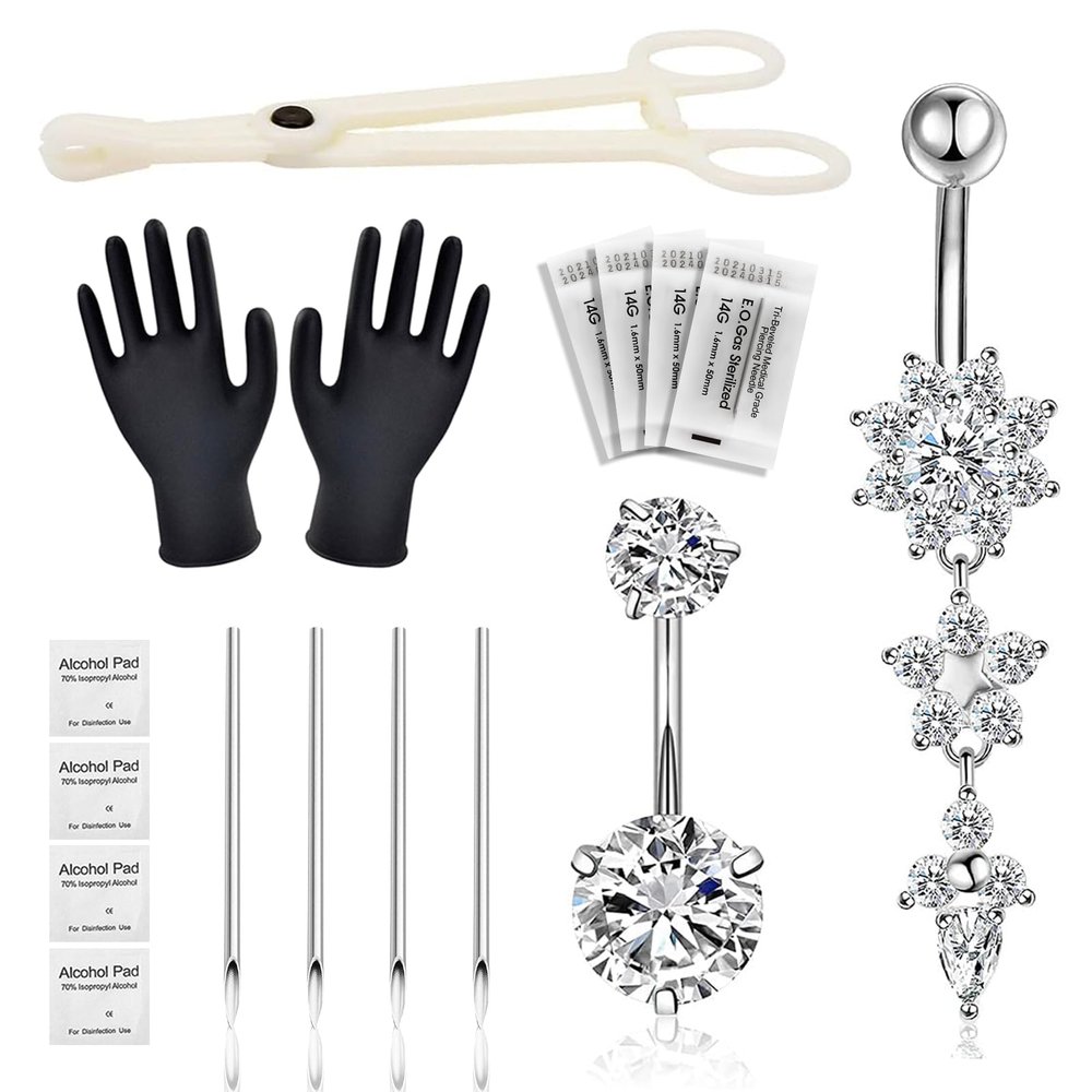 Autdor Belly Piercing Kit 13Pcs Belly Button Piercing Kit Includes 2Pcs 14G Belly Button Rings 1Pc Piercing Clamp 4Pcs Piercing Tools 14G 4Pcs Clean Tools 2Pcs Gloves for Piercing Supplies