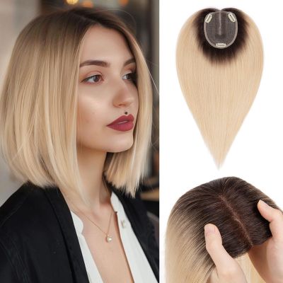 Benehair 10 Inch Hair Toppers For Women Real Human Hair 120% Density 4 * 4.7'' Hand Made Lace Base 100% Remy Human Hair Wiglets Toppers for Thinning Hair No Bangs Ombre Bleach Blonde
