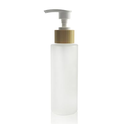 150ML/5OZ Empty Refillable Transparent Frosted Glass Lotion Pump Bottle with Bamboo Pump Soap Dispensers Toiletries Storage Containers for Shampoo Essential Oils Shower Gel