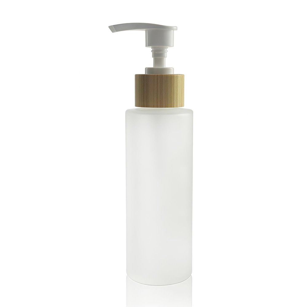 150ML/5OZ Empty Refillable Transparent Frosted Glass Lotion Pump Bottle with Bamboo Pump Soap Dispensers Toiletries Storage Containers for Shampoo Essential Oils Shower Gel