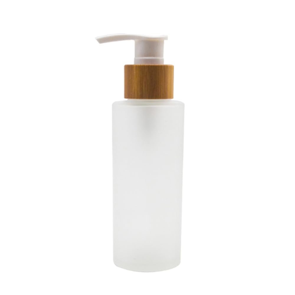 100ML/3.3OZ Empty Refillable Transparent Frosted Glass Lotion Pump Bottle with Bamboo Pump Soap Dispensers Toiletries Storage Containers for Shampoo Essential Oils Shower Gel