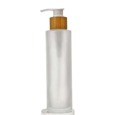 120ML/4OZ Empty Refillable Transparent Frosted Glass Lotion Pump Bottle with Bamboo Pump Soap Dispensers Toiletries Storage Containers for Shampoo Essential Oils Shower Gel