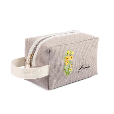 Personalized Cosmetic Bag - Costom Name & Birth Flower Travel Makeup Bag Pouch Gift Ideal for Women Bride Friend Mom Wedding Birthday (brown)