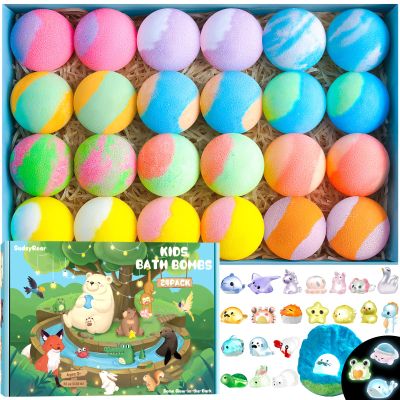 SudsyRoar Bath Bombs for Kids with Surprise Inside  24 Pack Handmade Bath Bombs with Glow-in-The-Dark Land & Sea Toys, Fizzy Bath Salt Balls, Birthday Party Favors for Boys and Girls