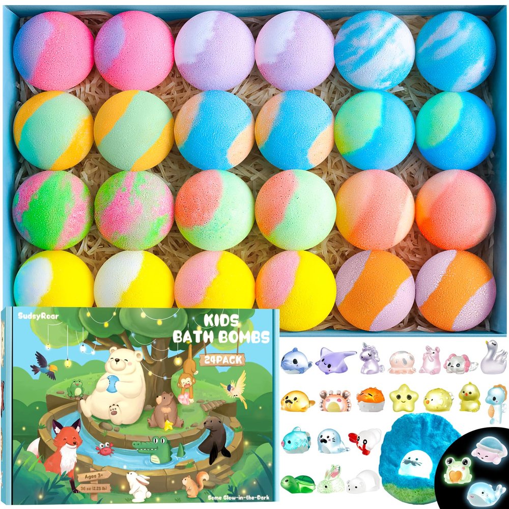 SudsyRoar Bath Bombs for Kids with Surprise Inside 24 Pack Handmade Bath Bombs with Glow-in-The-Dark Land & Sea Toys, Fizzy Bath Salt Balls, Birthday Party Favors for Boys and Girls
