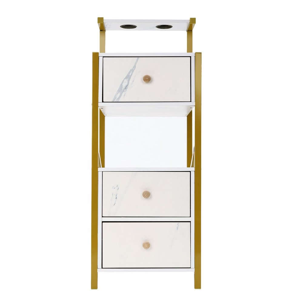 Salon Station, Beauty Salon Station for Hair Stylist, Beauty Storage Cabinet with 3 Drawers & 2 Hair Dryer Slots, Makeup Organizer Hair Stations for Barber, Cosmetic Studio (Marble Color+Gold)