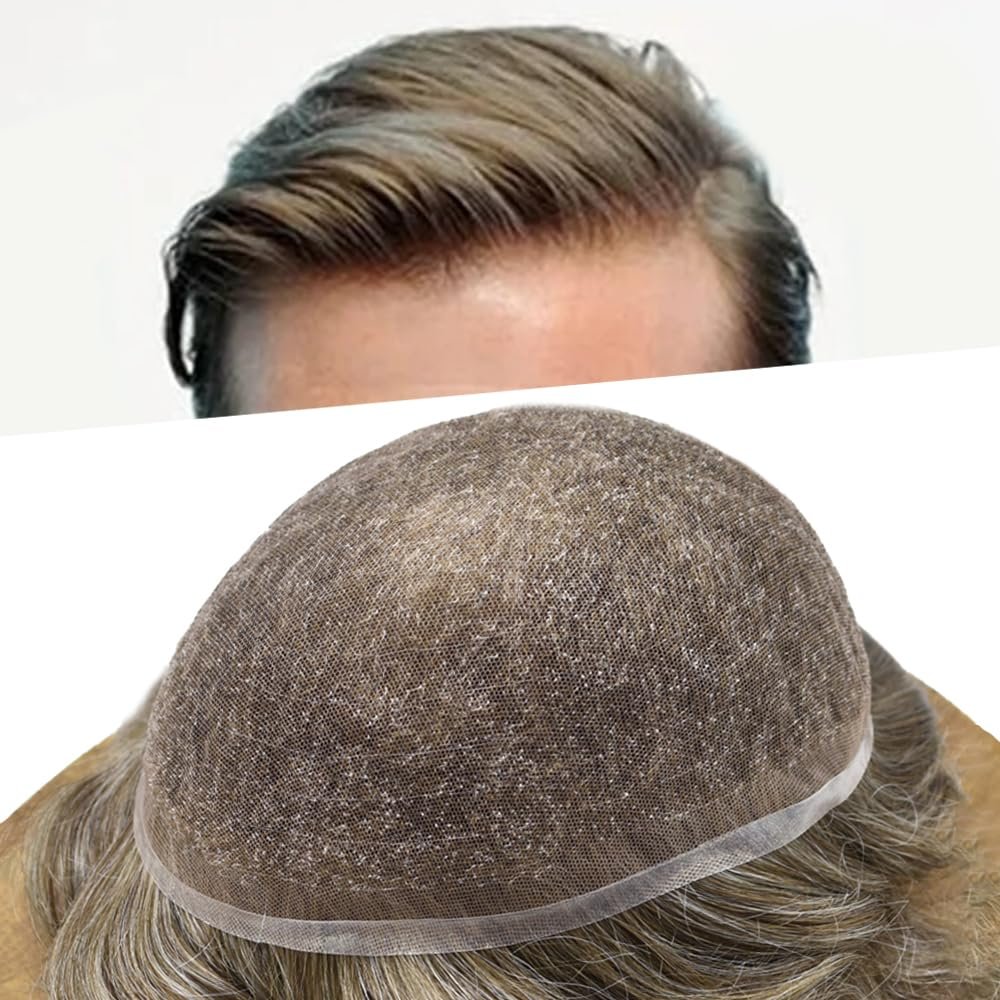 Healthlif Hair System Toupee For Men Human Hair Full French Lace Hair Piece For Mens Toupee Hair Replacement Systems Natural Hairline 8X10-80% density#630#6 Brown+30% Grey