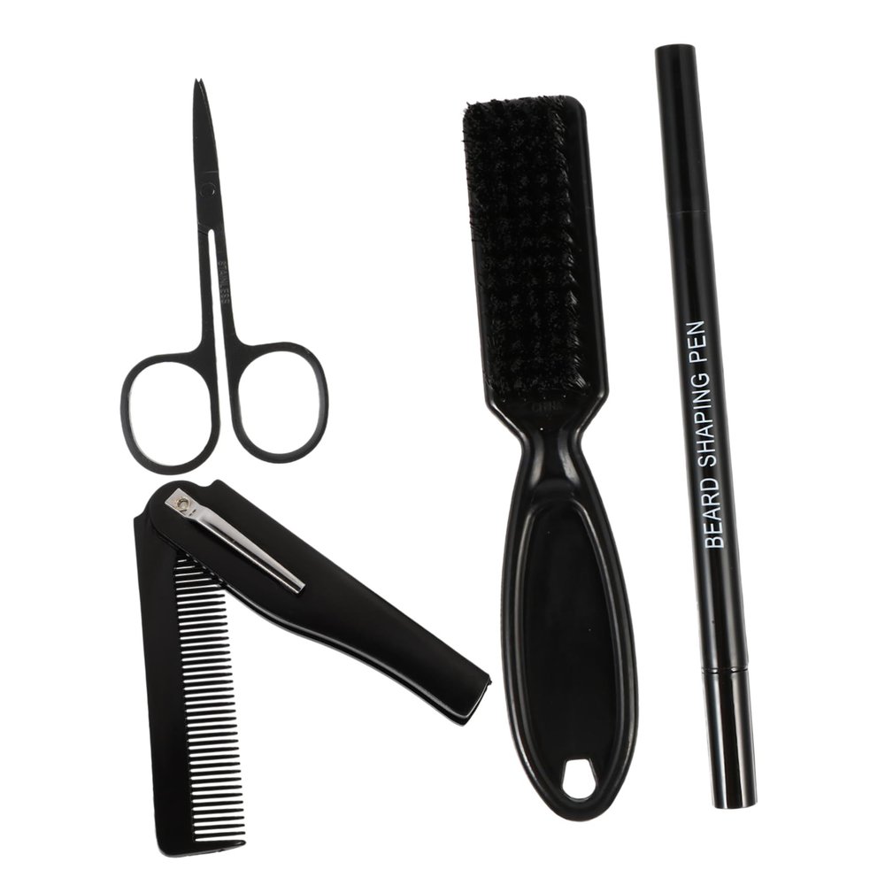 FOMIYES 4pcs Beard Styling Tool Set Beard Pen Brush Folding Comb Scissors for Professional Home Grooming Ergonomic Portable Design for Travel and Everyday Use