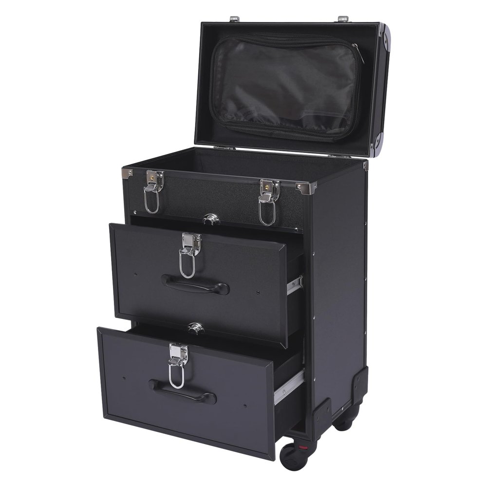 lkoewqzamx Professional Rolling Makeup Trolley Case, Train Case Box, Organizer Salon Cosmetic, with 360 Rotation Wheels, for Hair Stylist Beauty Nail Technicians (Black)