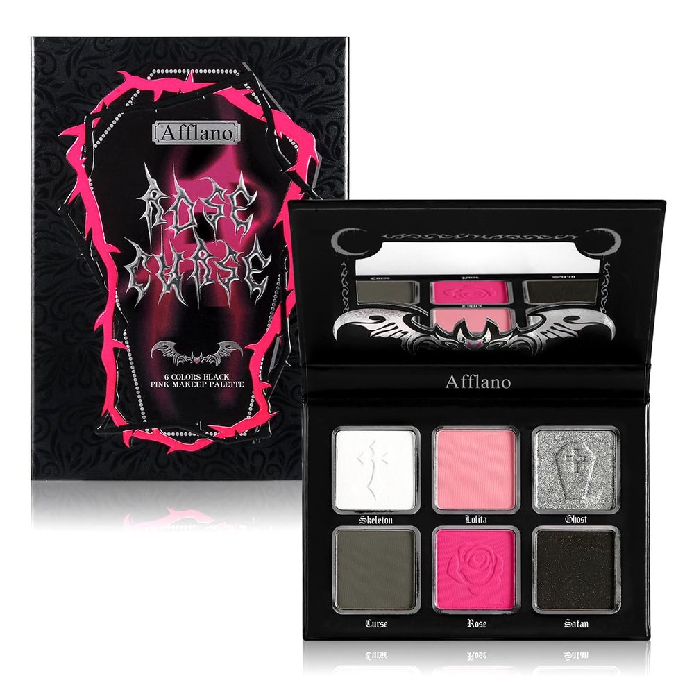 Afflano Goth Pink Eyeshadow Palette, Black Silver Pink Smokey Eyes Makeup Eyeshadow Pallet With Mirror, for Goth Girls Women Long Lasting Daily Valentine makeup, Emo Halloween Clown SFX Gothic Looks