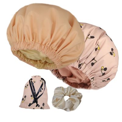 2Pcs Genergy Shower Cap for Women Waterproof, Adjustable Shower Cap Reusable, Luxury Shower Caps Comfortble, Extra Large &Double Layers &Reversible Satin Lined Bonnet(Apricot+Pink flower)