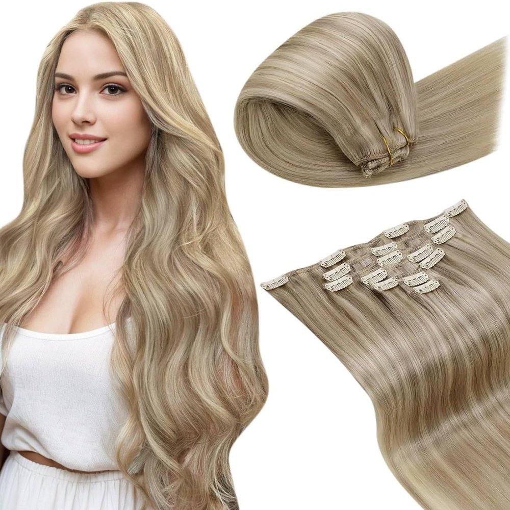 LaaVoo Clip in Hair Extensions Blonde Real Human Hair Clip in Extensions Dark Ash Blonde Highlights Light Blonde Clip on Hair Extension Human Hair 24 Inch 7pcs 150g