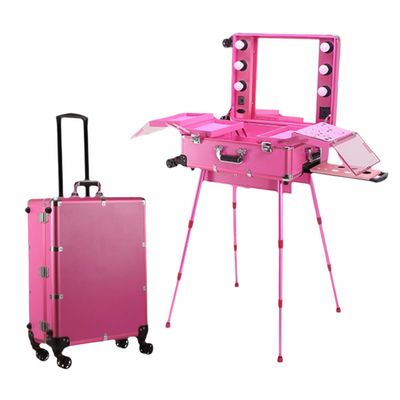 JINEKU Large Capacity Cosmetic Suitcase, Acrylic HD Mirror + Hidden Stand and Wheels, LED Light, Portable Foldable Travel Case for Makeup Artists and Beauticians,Rose