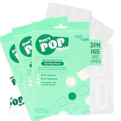 SoloVegan 55Count Don't Pop to Me Blemish Patch, Invisible Spot Cover, Hydrocolloid Acne Patch, Treatment for Breakouts, Absorbs Zits & Blemish, Korean Skin Care (165pcs (3PK))