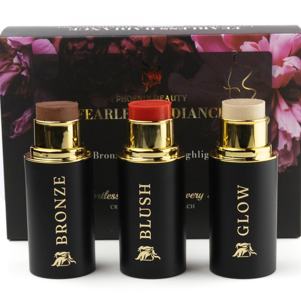 Cream Contour Stick Set  Blush, Bronzer & Highlighter Trio | Hydrating, Buildable, High-Pigment Makeup with Shea Butter & Vitamin E | Phoenix Beauty Gift Set (Luminous)