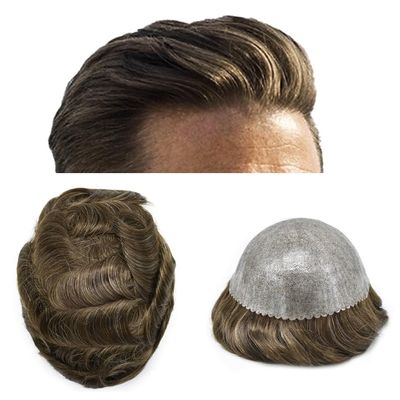LYRICAL HAIR Toupee for Men Human Hair Replacement System Injected PU Male Prothesis Full Poly Durable Skin Mens Hairpiece Wig 7"X10" #410 Medium Brown+10% Gray-120% Medium Light to Medium Density