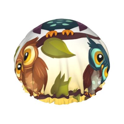 Reusable Shower Cap for Women Waterproof Bath Caps Double Layer Bath Hair Caps Owls Birds Shower Hat for Ladies Spa Salon, Large Size for All Hair Lengths