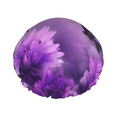 Reusable Shower Cap for Women Waterproof Bath Caps Double Layer Bath Hair Caps Purple Flower Butterflies Shower Hat for Ladies Spa Salon, Large Size for All Hair Lengths