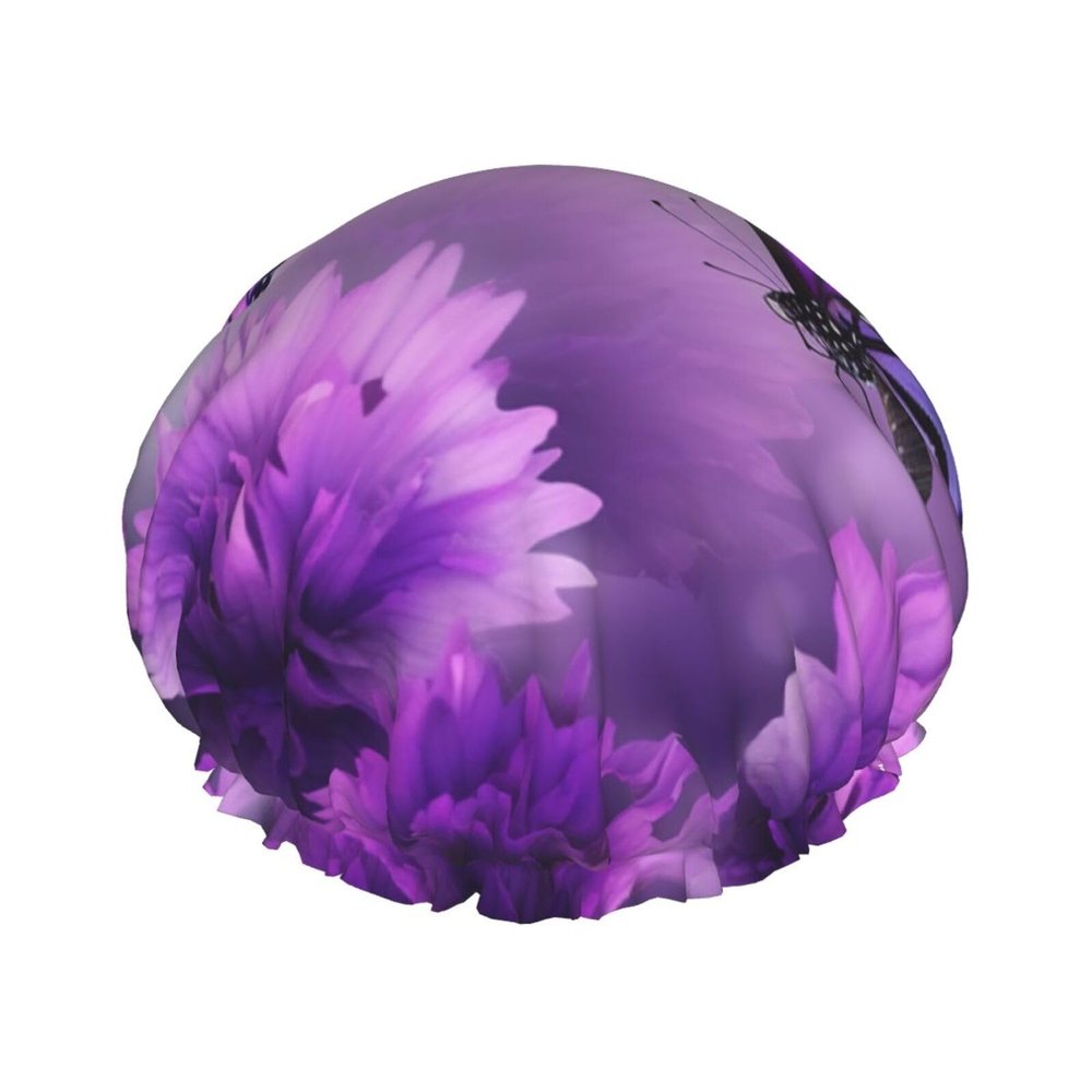 Reusable Shower Cap for Women Waterproof Bath Caps Double Layer Bath Hair Caps Purple Flower Butterflies Shower Hat for Ladies Spa Salon, Large Size for All Hair Lengths