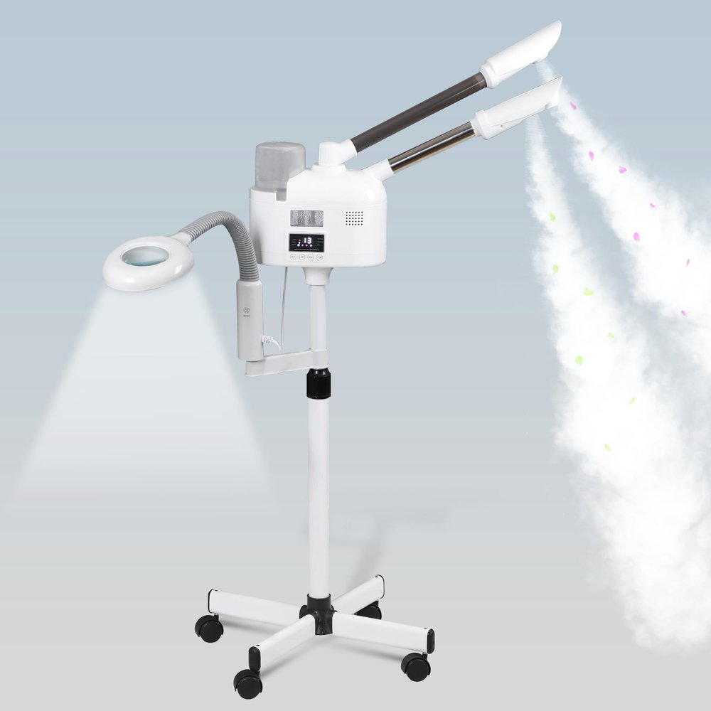 BBBuy Professional 3 in 1 Facial Steamer Deep Cleaning Ozone Facial Steamer with 5X Magnifying Light & Rolling Wheels Hot/Cold Mist Function for Salon Spa Home Beauty Equipment, White