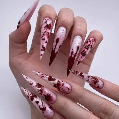 24 Pcs Halloween Press on Nails Almond Long Fake Nails Halloween False Nails with Bloodstain Designs Artificial Glossy Glue on Nails Acrylic Nails Full Cover Almond Stick on Nails for Women and Girls