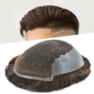 Toupee For Mens Hair Piece Swiss Lace Hair System For Men Lace Front Mens Toupee 100% European Human Hair Piece For Men Bleached Knot8x10"-80% light density#310 3# DARK BROWN+10% GREY