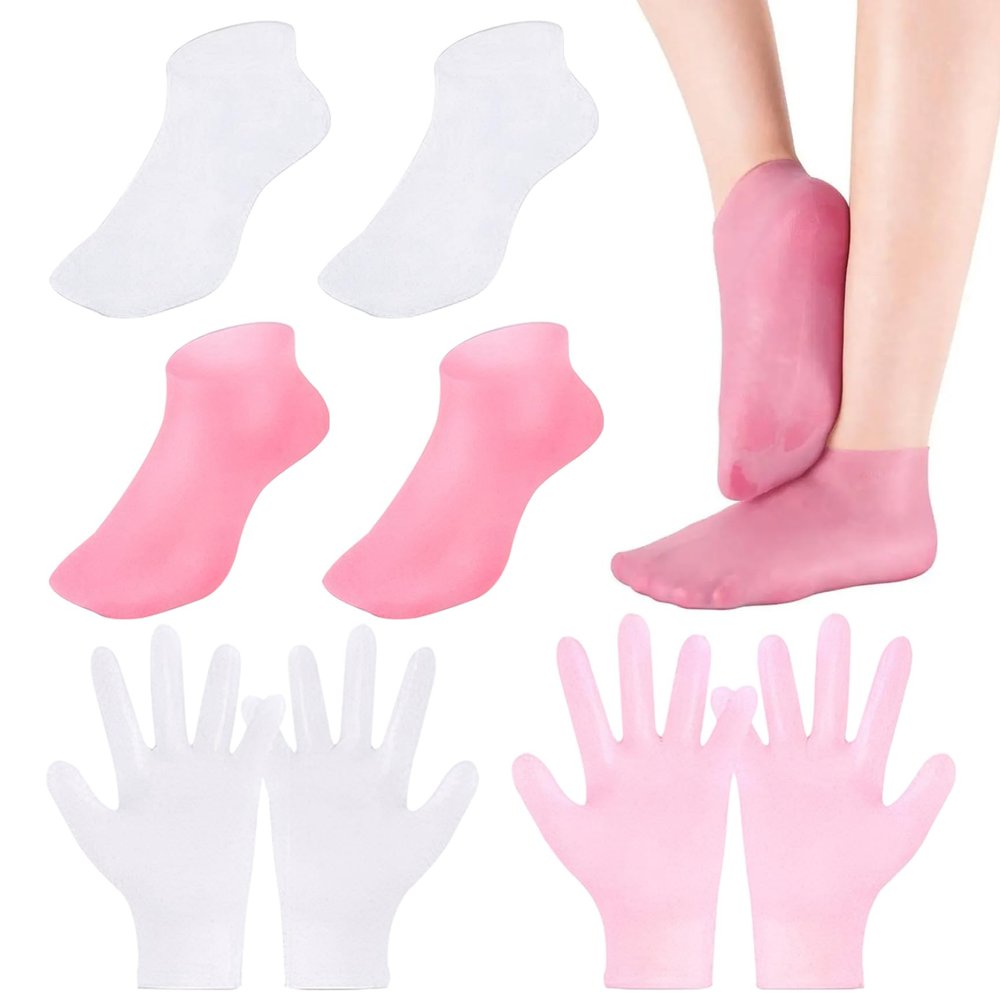 4 Pairs Silicone Moisturizing Gloves & Socks Set Anti Slip Spa Socks and Gloves 2 Colors Hands Feet Skin Care High Elasticity Reusable Gloves and Socks for Foot Hand Softening, Dry Cracked