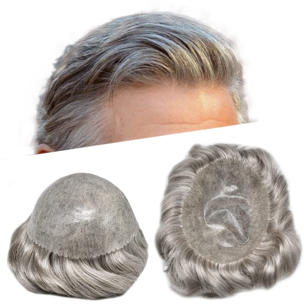 PUNRU HAIR Toupee Hair System for Mens Hairpiece 0.1mm Full Poly Skin Men's Toupee Human Hair Replacement System Durable Hairpieces for Men #580#5 Medium Light Brown+80% Gray 7x10 120% Density