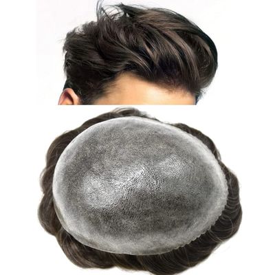 PUNRU HAIR Toupee Hair System for Mens Hairpiece 0.1mm Full Poly Skin Men's Toupee Human Hair Replacement System Durable Hairpieces for Men #220#2 Darkest Brown+20% Gray 7x10 120% Density