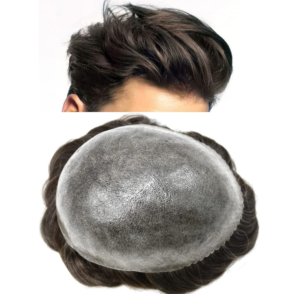 PUNRU HAIR Toupee Hair System for Mens Hairpiece 0.1mm Full Poly Skin Men's Toupee Human Hair Replacement System Durable Hairpieces for Men #220#2 Darkest Brown+20% Gray 7x10 120% Density