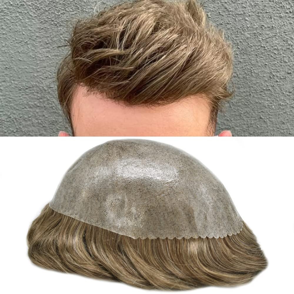PUNRU HAIR Toupee Hair System for Mens Hairpiece 0.1mm Full Poly Skin Men's Toupee Human Hair Replacement System Durable Hairpieces for Men #740#7 Very Light Brown+40% Gray 5x7 120% Density