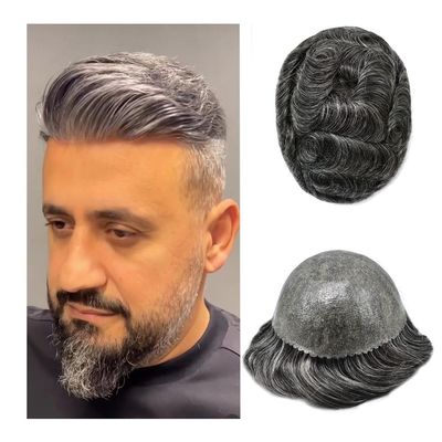 PUNRU HAIR Toupee Hair System for Mens Hairpiece 0.1mm Full Poly Skin Men's Toupee Human Hair Replacement System Durable Hairpieces for Men #1B50#1B Off Black+50% Gray 6x9 120% Density