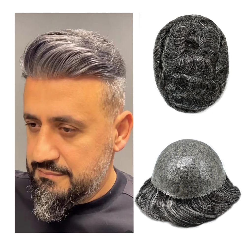PUNRU HAIR Toupee Hair System for Mens Hairpiece 0.1mm Full Poly Skin Men's Toupee Human Hair Replacement System Durable Hairpieces for Men #1B50#1B Off Black+50% Gray 6x9 120% Density