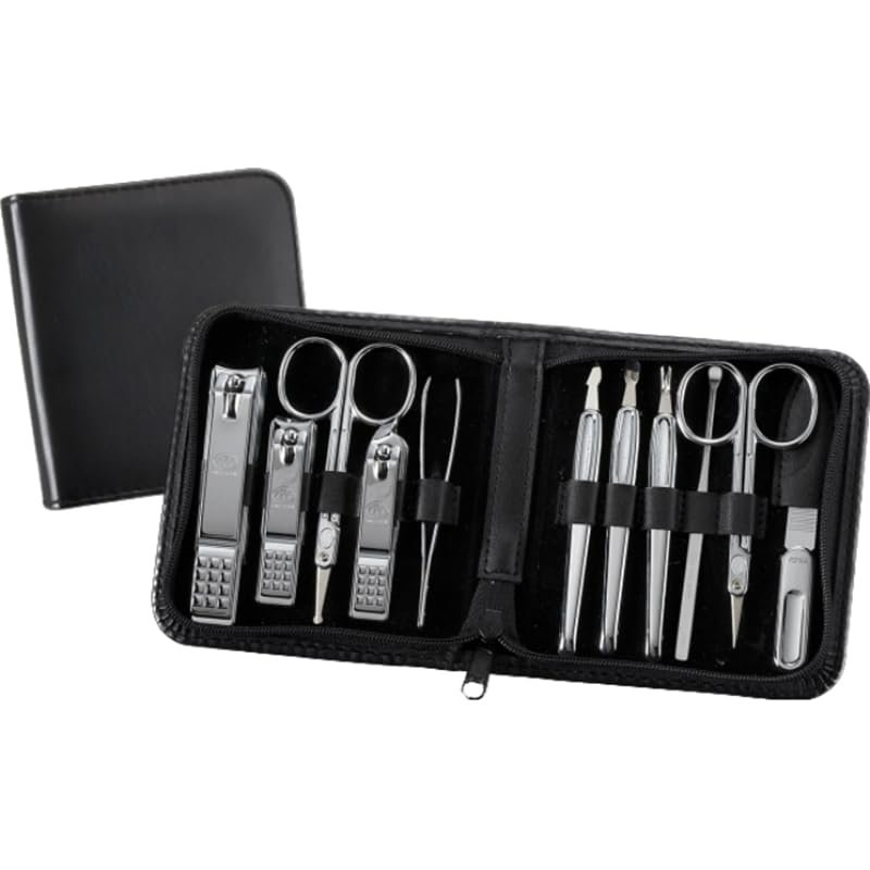 777 Three Seven TS-810C Nail Care Set - 11 Essential Tools, Made in Korea, 50 Years Heritage, Black / Chrome