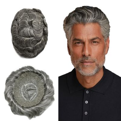 PUNRU HAIR Toupee Hair System for Mens Hairpiece 0.1mm Full Poly Skin Men's Toupee Human Hair Replacement System Durable Hairpieces for Men #1B65#1B Off Black+65% Gray 6x8 120% Density