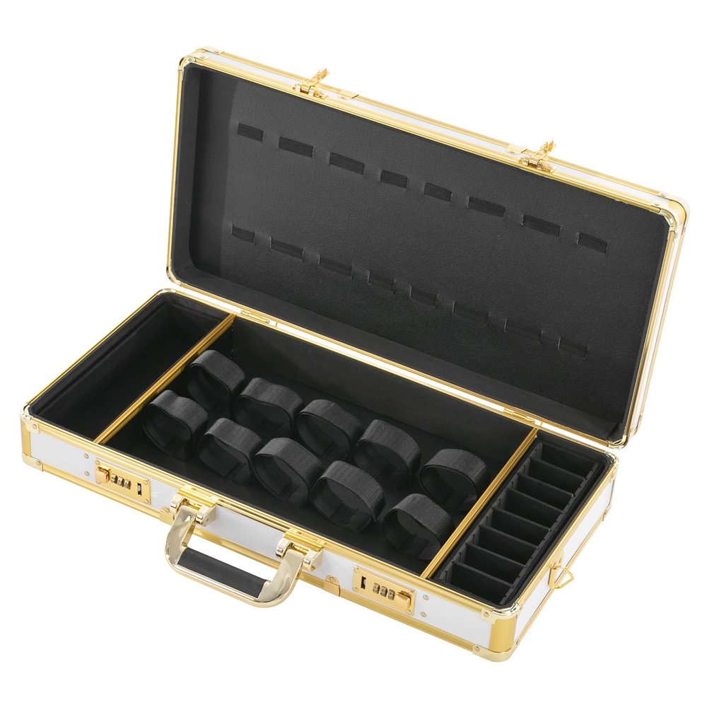 Barber Case, Professional Barber Travel Carry Cases for Clippers and Supplies Storage, Hair Stylist Tool Kits Organizer Beauty Salon Barber Box with Shoulder Strap & Code Lock (White&Gold)