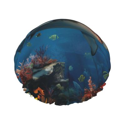Reusable Shower Cap for Women Waterproof Bath Caps Double Layer Bath Hair Caps Fish Sharks Coral Shower Hat for Ladies Spa Salon, Large Size for All Hair Lengths