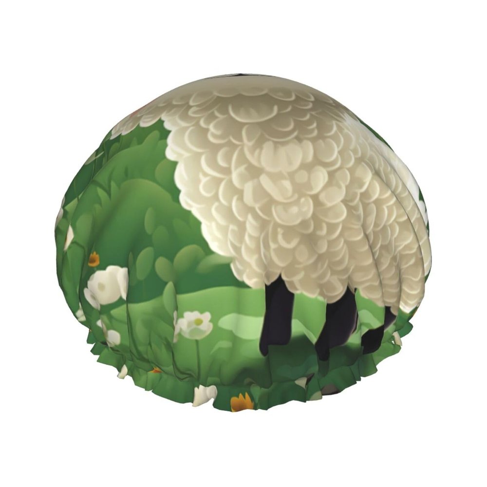 Reusable Shower Cap for Women Waterproof Bath Caps Double Layer Bath Hair Caps Cute Cartoon Sheep Shower Hat for Ladies Spa Salon, Large Size for All Hair Lengths