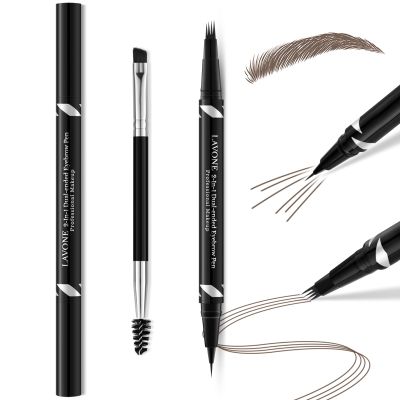 LAVONE 2-IN-1 Dual-ended Waterproof Eyebrow Pencil, with 4 Tip Microblading Pen and Ultra-Precise Brow Pencil, Dual-ended Eyebrow Brush, for Natural Looking Dark Brunette