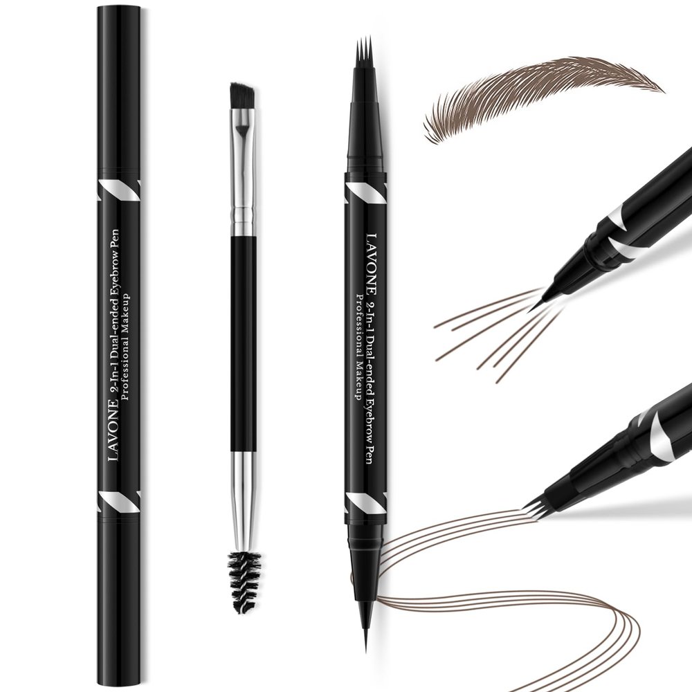 LAVONE 2-IN-1 Dual-ended Waterproof Eyebrow Pencil, with 4 Tip Microblading Pen and Ultra-Precise Brow Pencil, Dual-ended Eyebrow Brush, for Natural Looking Dark Brunette