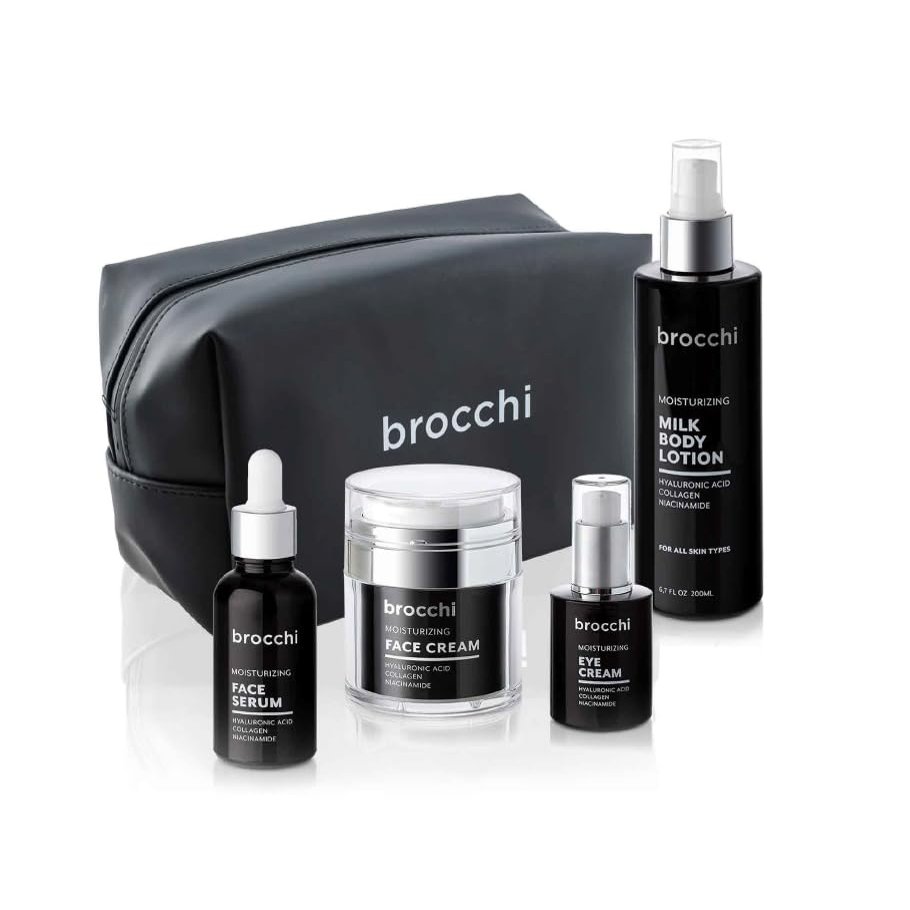 Cortex International Brocchi | Total Skin Nourishment Set  Face Cream, Eye Cream, Face Serum, Milk Body Lotion & Travel Toiletry Bag