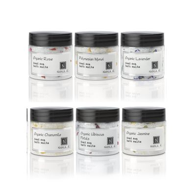 Assorted Bath Salts (Set of 6) by Nabila K - Dead Sea Salt & Epsom Salt Scrub & Soak - Exfoliates & Hydrates Skin, Botanical Essential Oils - Bubble Bath Accessories for All Skins Types, 2 oz