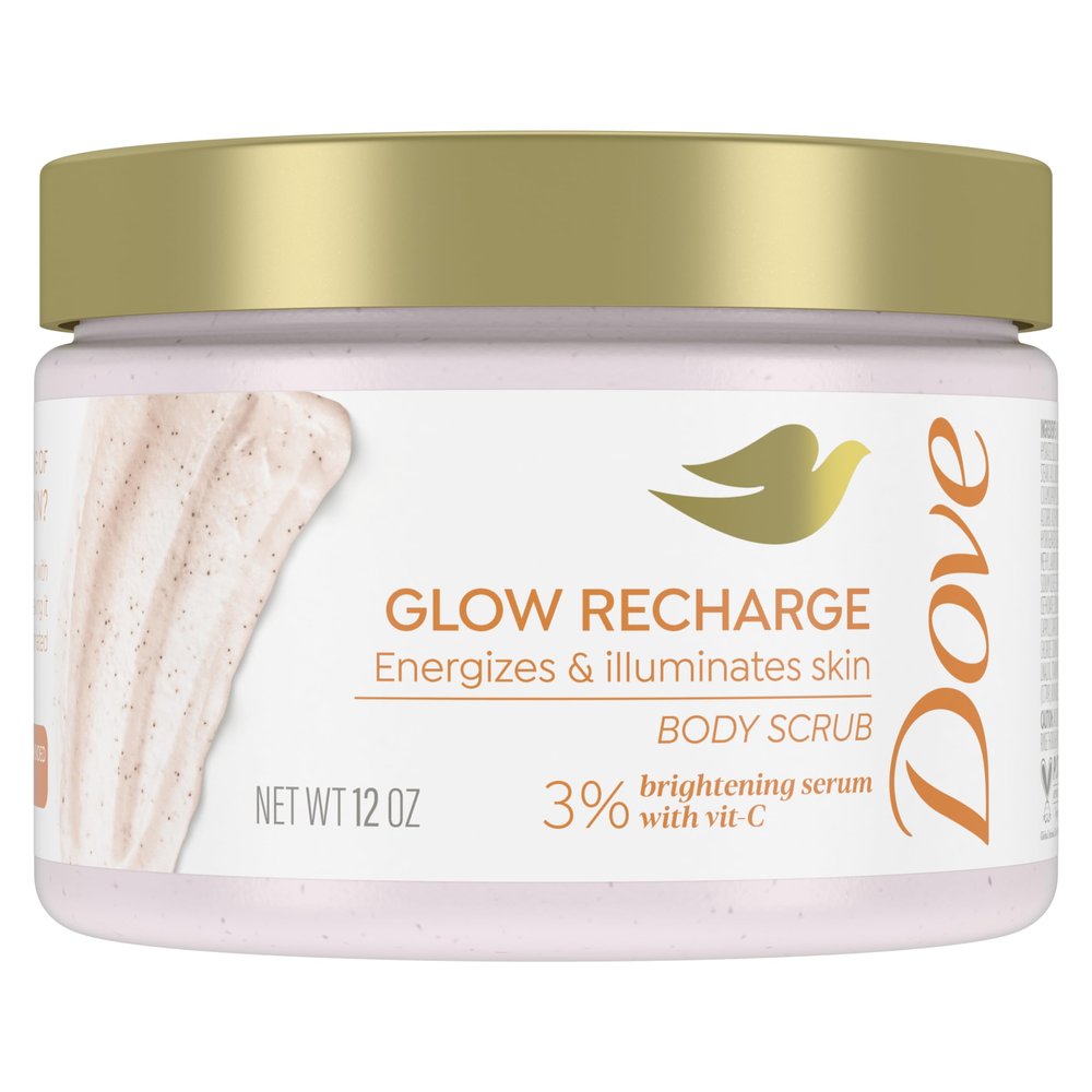 Dove Body Scrub Energizes & illuminates skin Glow Recharge 3% brightening serum with vitamin C 340 gm