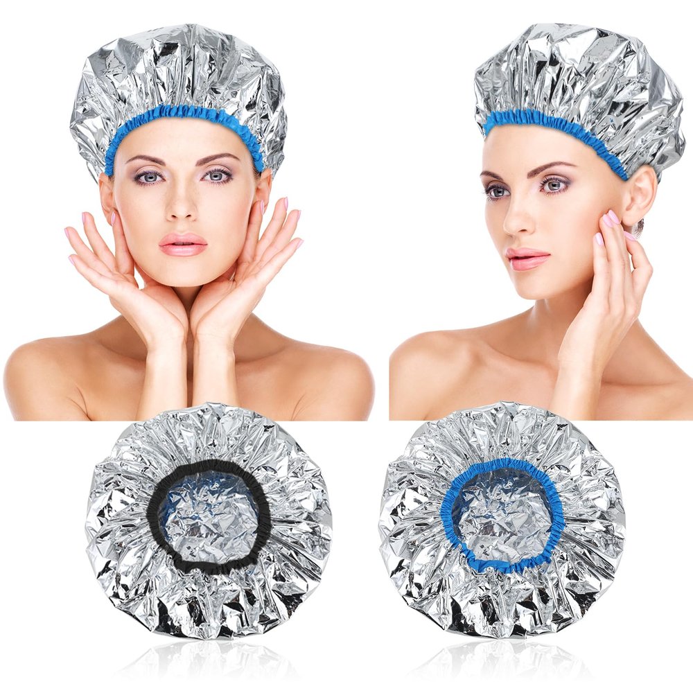 2 Pcs Heat Cap for Deep Conditioning Hair Cap for Oil Treatment Double Layer Aluminum Foil Heat Cap Reusable Steam Cap Processing Caps Shower Cap for Long Thick Hair Dyeing Home Salon Black Blue