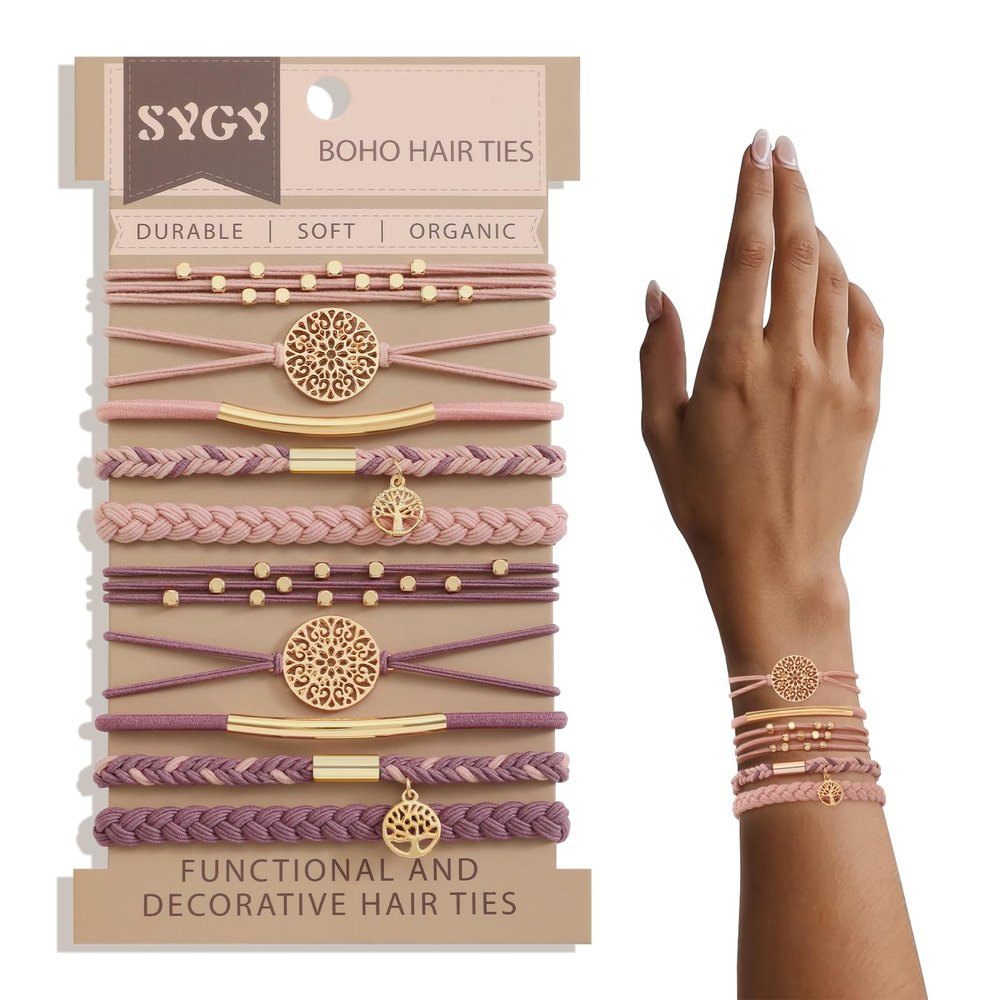 10 PCS Boho Hair Ties - No-Damage, Stretch Bracelets for Thick & Thin Hair, 5 Styles, Pink