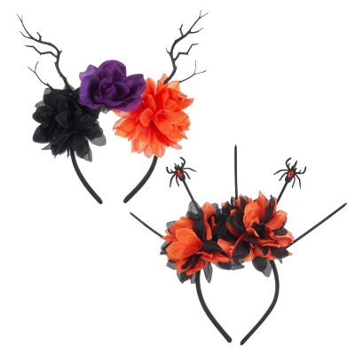 2Pcs Dark Halloween Theme Headbands, Spider Flower Headbands, Devil Skull Spider Decor Hair Band, Gothic Black Orange Halloween Headband for Costume Cosplay Party